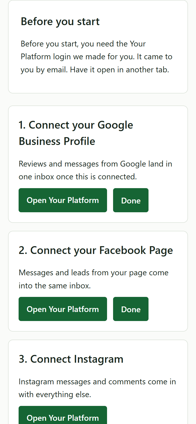 A setup guide on a phone: numbered steps, each with a why, an Open button, Done and Skip