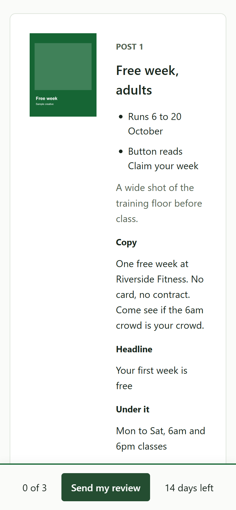 A campaign pack review on a phone, one item with its image, copy and three choices