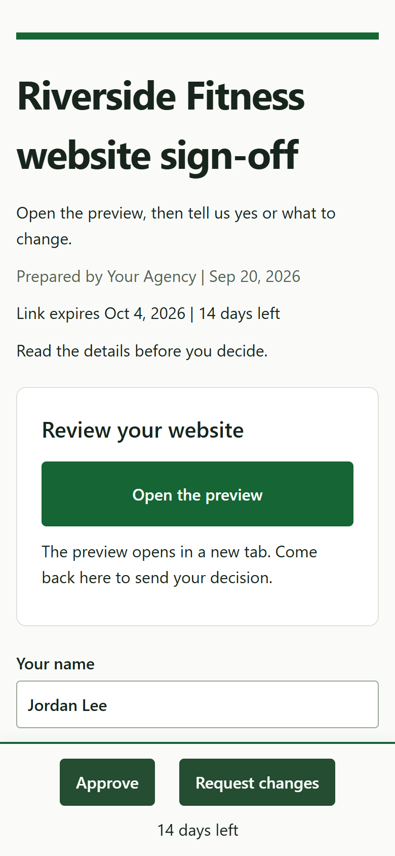 A site sign-off page on a phone with an Open preview link, Approve and Request changes
